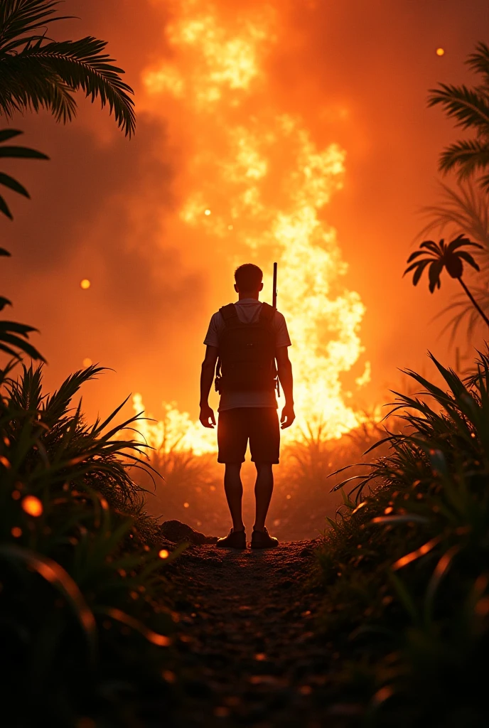 jungle forest animals escaping of fire, group of men setting fire to the forests killing flora and fauna in te down of the image, dark and ambitious cruel man setting fire , sinister man shapes , burning amazonic forest, burning amazonic forest, sad image, sad jungle animals burning, sad jaguar, jaguar burning, real photo, cinematic photo, realistic, realistic fire, sad burning jaguar, jaguar on fire, sad image, jaguar roaring, birds scaping form fire, birds burning on the sky , jaguar screamming, dark smoke, 8k resolution, amazon jaguar burning, realistic shadows, realisitic fire, realistic jaguar, cinematic photo, real photo, fuji lens photo