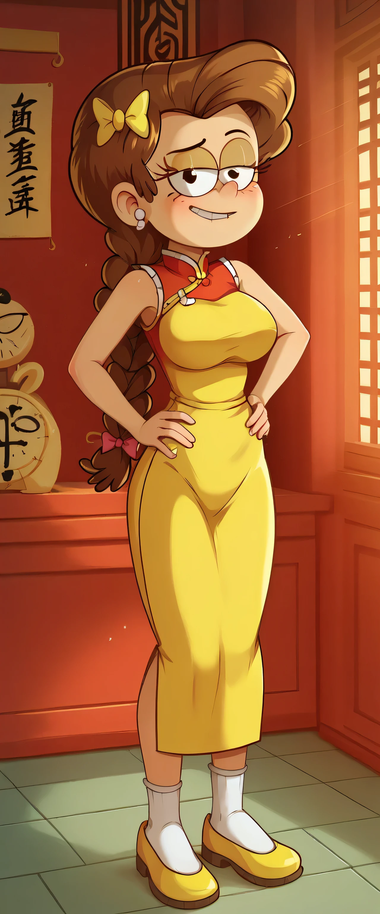 safe_pos, score_9, score_8_up, score_7_up BREAK girljordan, brown hair, braid, hair bow, the loud house, BREAK large breasts, BREAK looking at you, yellow cheongsam, inside of a chinese temple, full body view, standing, hands on the hips