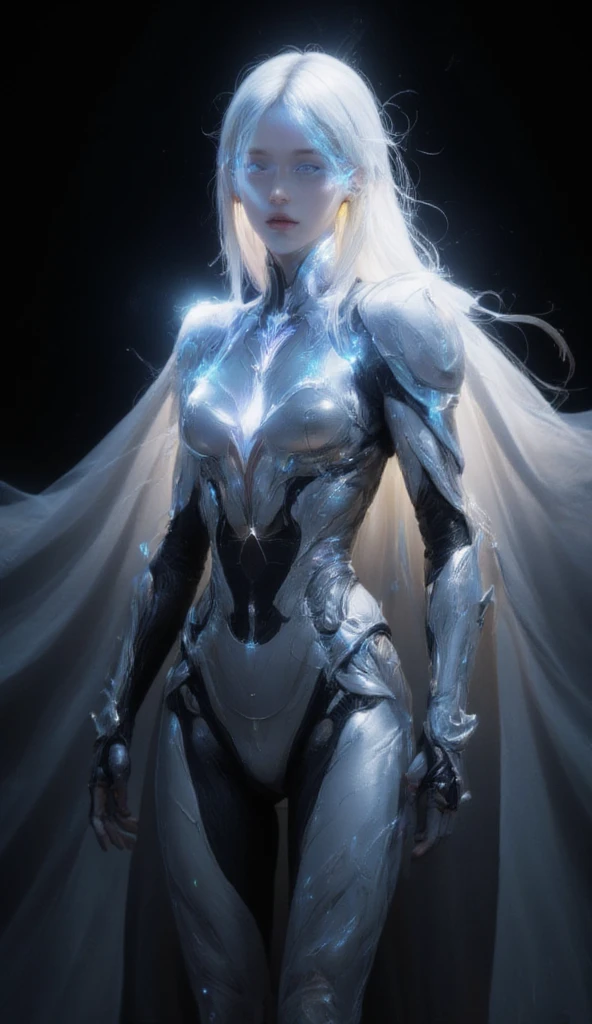 Warframe, a luminescent guardian, stands resolute against the dark expanse. Adorned in an intricate suit of silver armor, infused with ethereal energy, she embodies a fusion of strength and elegance. The armor's metallic plates shimmer with a soft, blue light, as if the very fabric of the suit is alive and pulsing with an otherworldly power.

A flowing white cape, embroidered with intricate circuitry, billows behind her, a testament to her unwavering dedication to her craft. Her face, a mask of serenity, is set in a determined expression, as if she has gazed into the very depths of the void and emerged unscathed.

In her hand, a radiant sword gleams with an intense, crystalline light, its blade a focal point for the energy that courses through her armor. The Warframe's eyes, pools of deep, unyielding resolve, seem to bore into the very soul of the darkness, a challenge to the shadows to come forth and test her mettle.

As she stands, a beacon of hope in a desolate universe, the Warframe embodies the unyielding spirit of a warrior, a shining exemplar of courage and determination in the face of overwhelming adversity.