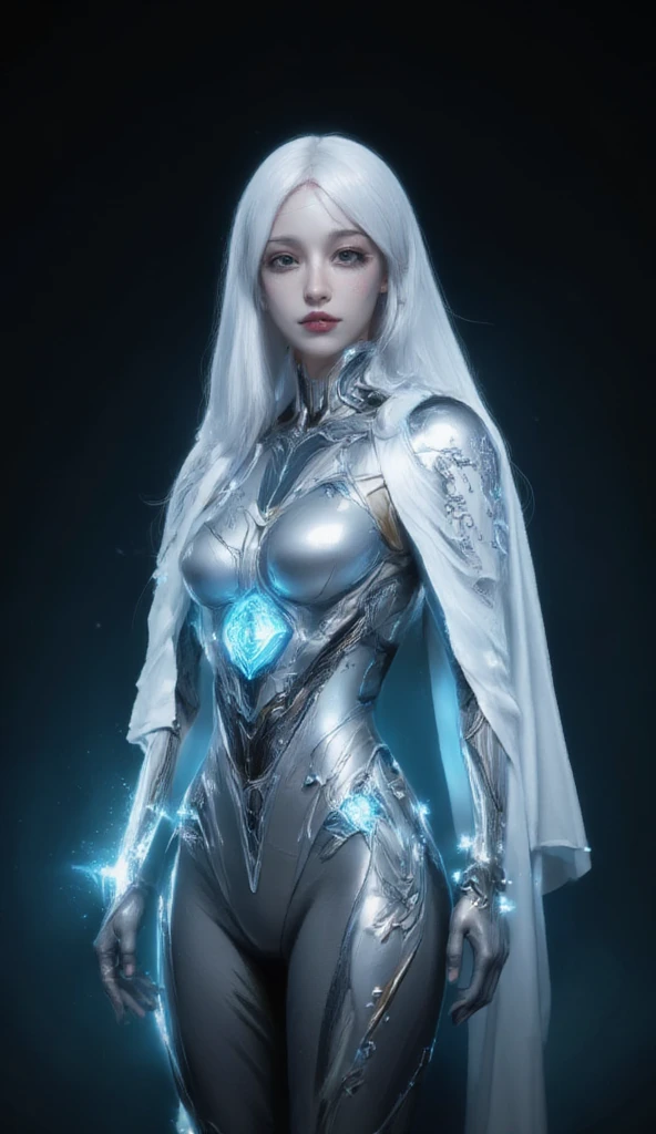 Warframe, a luminescent guardian, stands resolute against the dark expanse. Adorned in an intricate suit of silver armor, infused with ethereal energy, she embodies a fusion of strength and elegance. The armor's metallic plates shimmer with a soft, blue light, as if the very fabric of the suit is alive and pulsing with an otherworldly power.

A flowing white cape, embroidered with intricate circuitry, billows behind her, a testament to her unwavering dedication to her craft. Her face, a mask of serenity, is set in a determined expression, as if she has gazed into the very depths of the void and emerged unscathed.

In her hand, a radiant sword gleams with an intense, crystalline light, its blade a focal point for the energy that courses through her armor. The Warframe's eyes, pools of deep, unyielding resolve, seem to bore into the very soul of the darkness, a challenge to the shadows to come forth and test her mettle.

As she stands, a beacon of hope in a desolate universe, the Warframe embodies the unyielding spirit of a warrior, a shining exemplar of courage and determination in the face of overwhelming adversity.