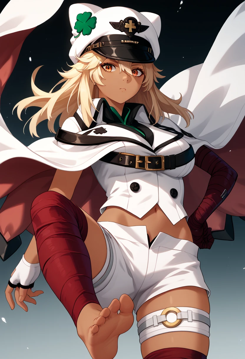 score_9, score_8_up, score_7_up, source_anime, solo, 1girl, rmlthlvltne, dark-skinned female,  long hair, blonde hair, white headwear, hat, four-leaf clover, orange eyes, white cape, collared cape, black belt, white vest, buttons, double-breasted, white gloves, fingerless gloves, white shorts, short shorts, thigh strap, bandages, bandaged arm, bandaged leg, midriff, navel, frets,soles,big breasts
