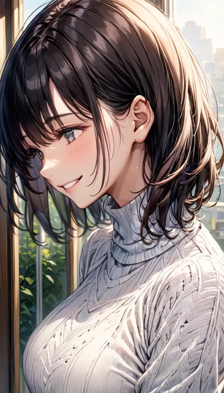 Black-haired beauty"Asuka" , Face direction:She looks down diagonally and smiles , What Yu can see ,clothing: wearing a white turtleneck sweater and dark gray skirt ,  bust up , Look away
