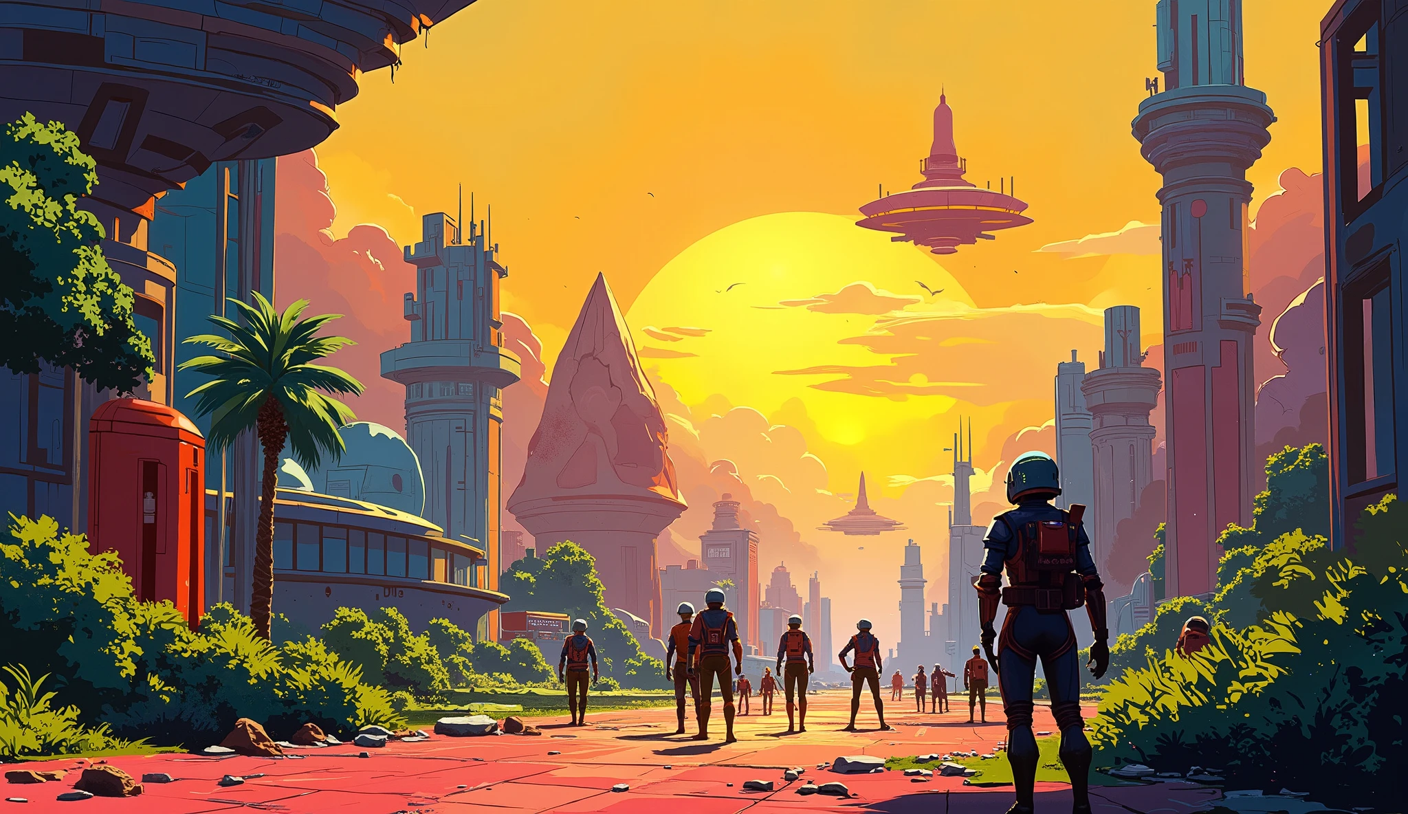 A bright space colony, envisioned as a gleaming utopia, busy with pioneers using advanced terraforming technology. The scene captures diverse individuals in futuristic attire working on transforming the alien environment, with state-of-the-art tools in hand. In the sky, subtle alien threats loom, depicted as shadowy silhouettes, adding an element of tension. The painting is rendered in a loose, impressionistic style, displaying thick, expressive brush strokes that evoke the energetic energy of the colony. Colors should be bright and hopeful, contrasted by darker shades signifying the alien menace, while the lighting suggests a dramatic sunset casting golden hues over the utopia, creating a mood of both aspiration and urgency. The background features a mix of futuristic architecture and lush greenery, symbolizing the fusion of technology and nature.