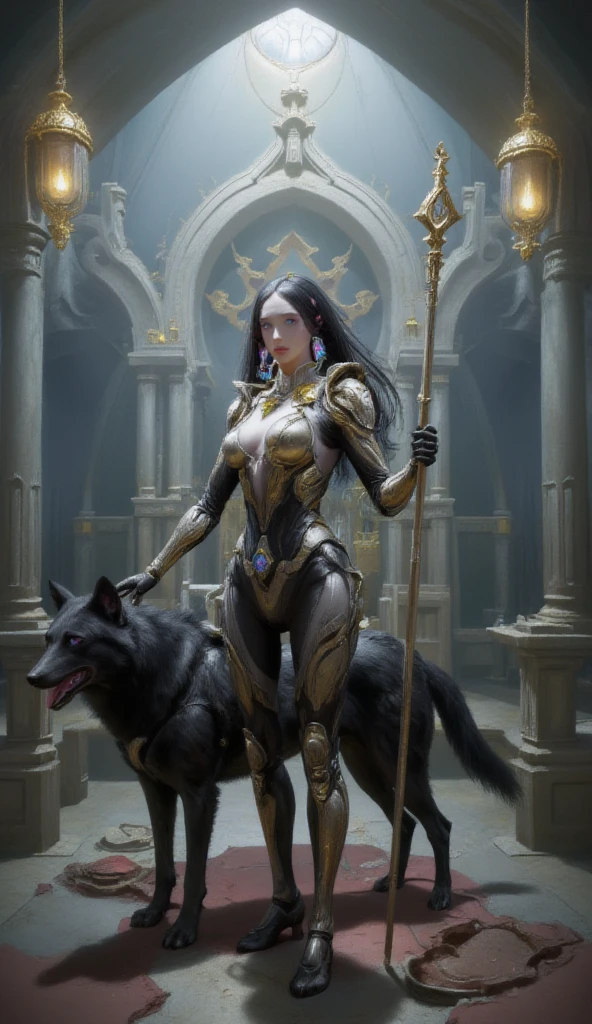 Warframe, a majestic and enigmatic figure, stands tall amidst the mystical grandeur of a Gothic-inspired cathedral. Clad in an intricately designed suit of silver armor, adorned with golden filigree and precious gemstones, she exudes an aura of regal authority. Her long, raven-black hair flows behind her like a dark waterfall, as she holds aloft a gleaming staff, its tip adorned with an ornate, gemstone-studded finial.

By her side stands a sleek and powerful black wolf, its eyes gleaming with loyalty and devotion. The Warframe's gaze, piercing and determined, seems to hold a deep connection with the animal, as if they share a bond forged in the fires of destiny.

The atmosphere is shrouded in an ethereal mist, casting an otherworldly glow over the scene. Flickering torches and soft, luminescent orbs suspended from the vaulted ceiling above cast an eerie light, illuminating the Warframe's stately presence and the wolf's noble countenance.

As the Warframe stands vigilant, her armor seems to shimmer and rustle, as if the very fabric of reality is being woven and unwoven around her. The wolf, sensing its mistress's power, stands steadfast, its tongue lolling from its mouth in a gesture of trust and loyalty. Together, they form an unbreakable bond, a testament to the unyielding spirit of a warrior-maiden and her loyal companion.