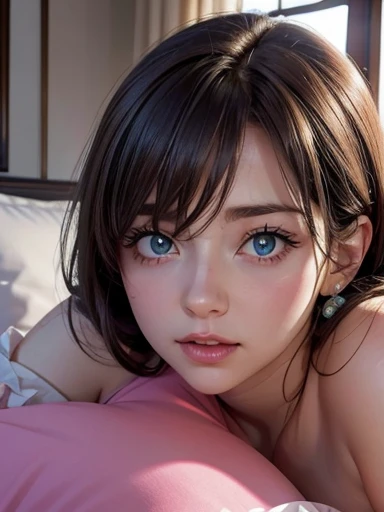 tender face,female lying on stomach,face focus,look at viewer,female licking pov nipple,handjob,