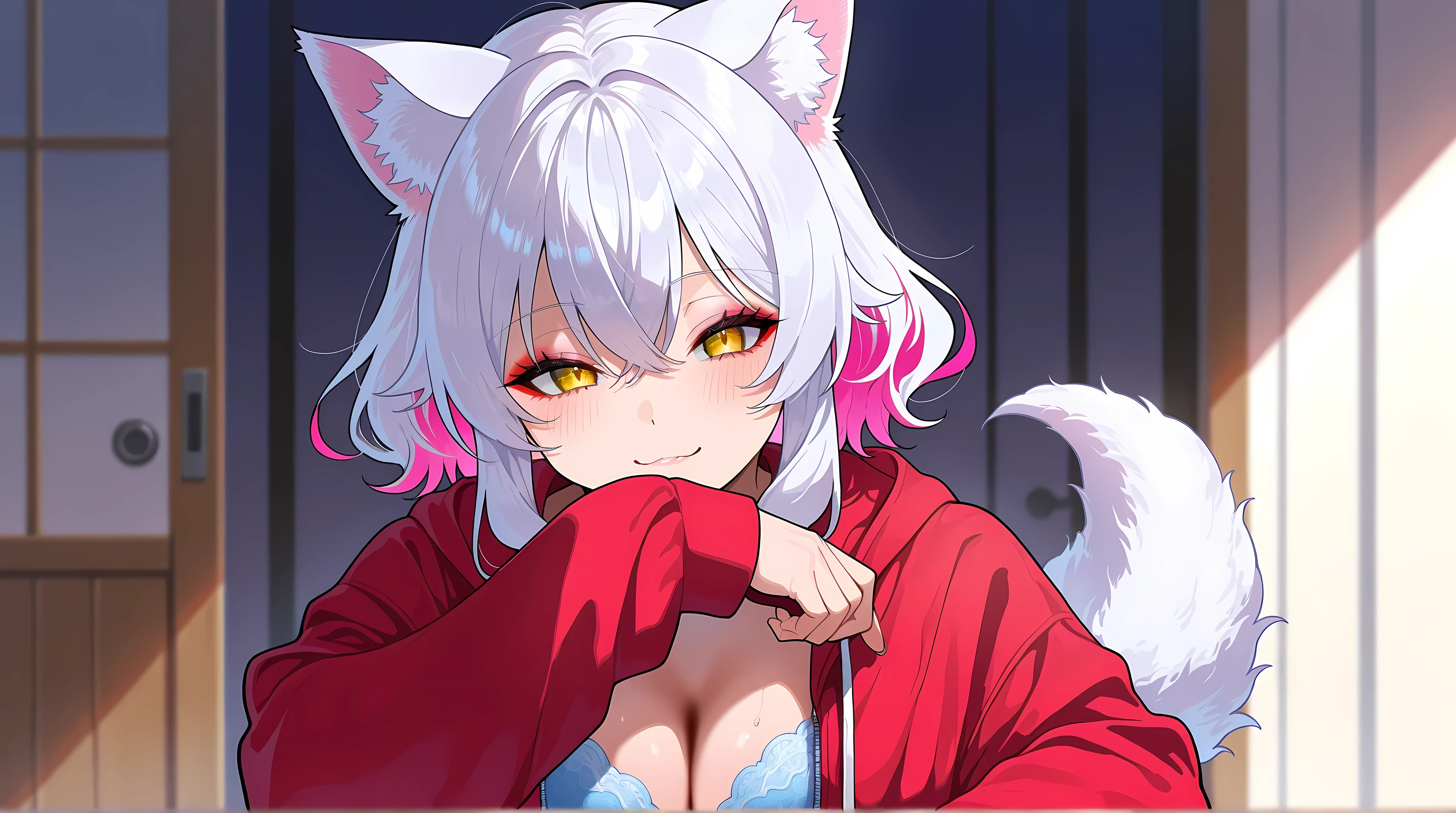 Cat girl,white fur,perked up cat ears on top of head,fluffy white tail,tail, perky d cup breast,pouty face, looking away from POV,arms crossed,angry expression, blushing red face, oversized male hoodie