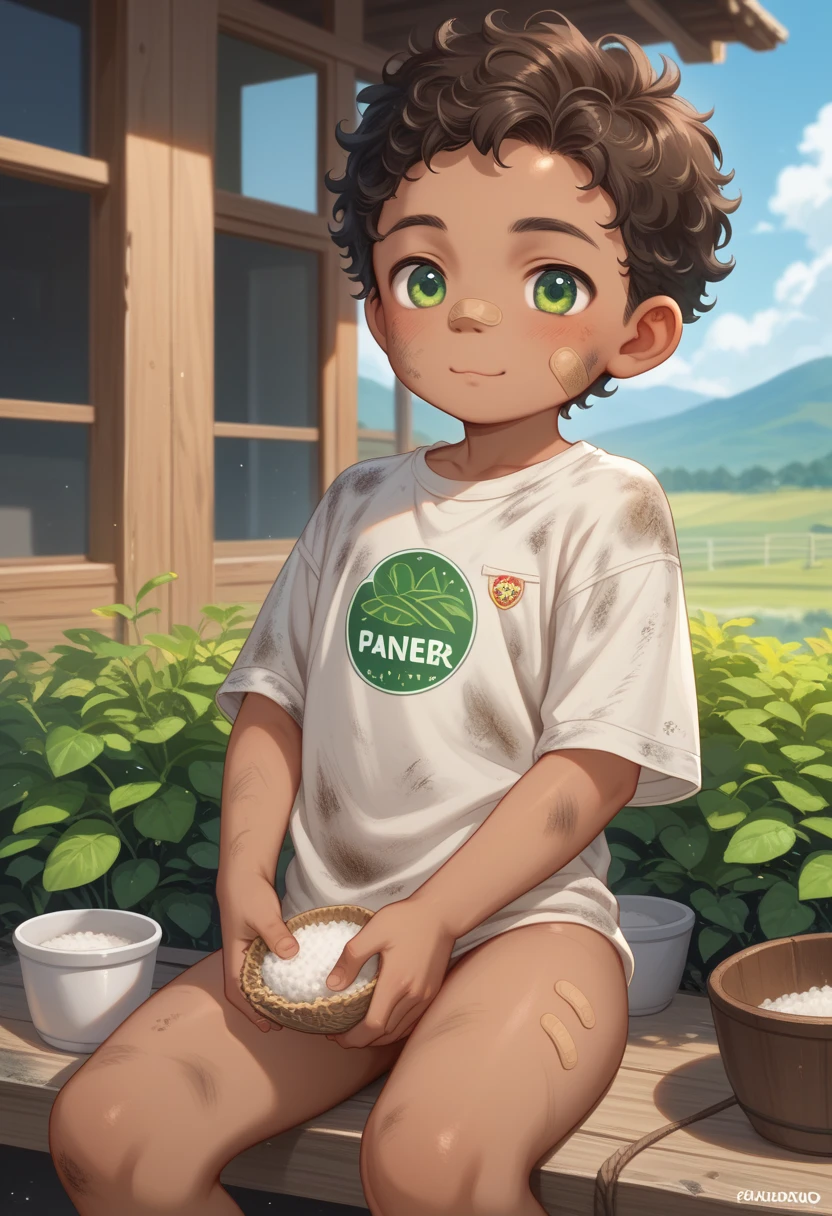 A thai boy is 4-yr, cute, young, little, short, thin, Brown skin, Green eyes, dark brown curly hair, turned up nose shape, Age Regression, Shotacon, Shota. No pants, just a big, loose, oversized shirt, Completely brown shirt color, There is no logo pattern on the shirt, Dirty, The long hem covers extending all the way down to the thighs. Plaster on the face. Outdoor, Rice fields background