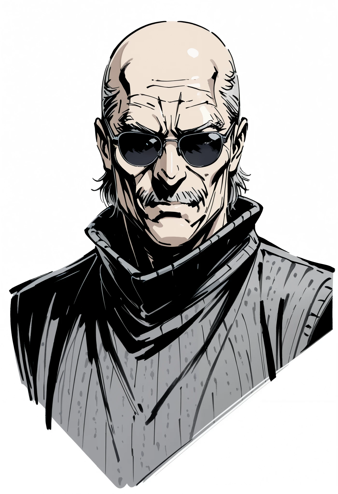 male,solo,an old man,wearing pullover,bald,sunglasses,shinkawa_yoji,yoji_shinkawa,portrait,upper body,intricate,very aesthetic,(monochrome, grey scale, Ink wash painting),bande dessinée,white background,contour_deepening,