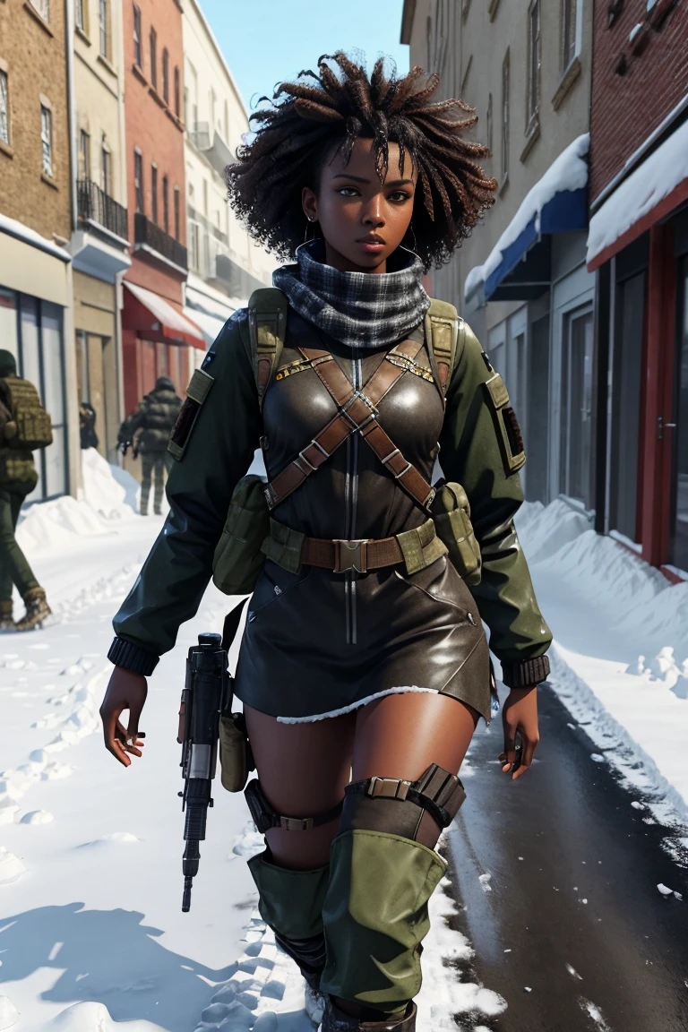 ((3D Art,  third-person shooter style,  Not suitable for work )), a sexy African fighter , curly hair,  dark hair,  black skin,  full body, showing her behind, ((walking,  camera behind the character , wearing a backpack, ,  Not suitable for work )), ( precipitation style ,  precipitation from the universe ), diselpunk,  Dieselpunk warrior , walking in an ice city, ice city, snow covered ground