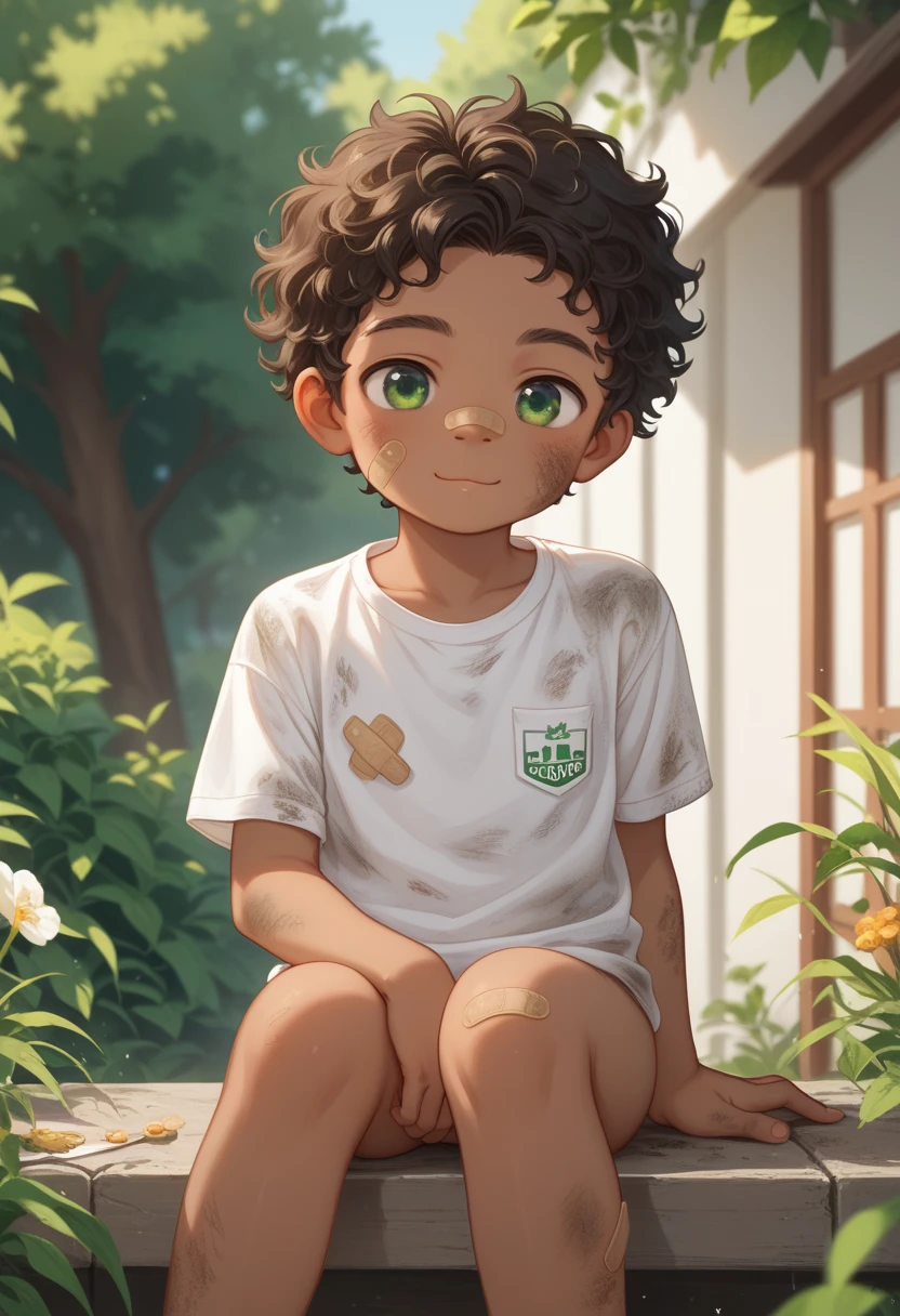 A boy is 4-*r, cute, young, ******, short, thin, Brown skin, Green eyes, dark brown curly hair, Age Regression, Shotacon, Shota. No pants, just a big, loose, oversized shirt, white plaid shirt, Dirty, The long hem covers extending all the way down to the thighs. sitting cross legs on the ground. Outdoor, fields background