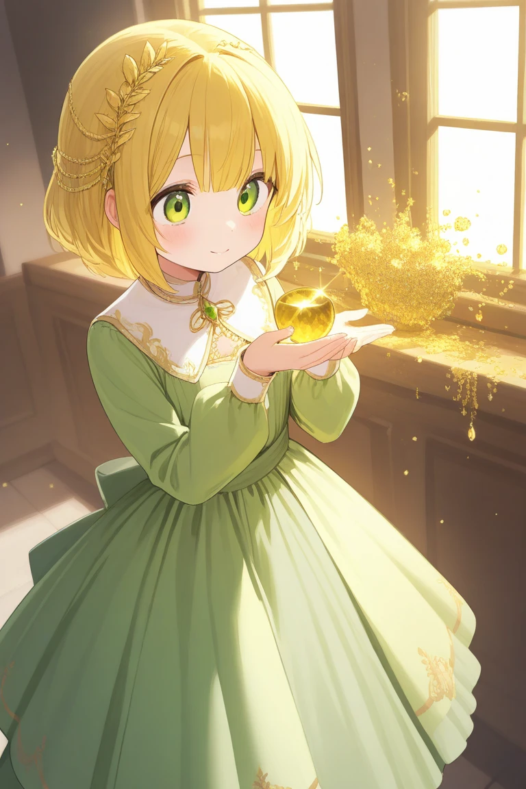 A girl looks out of a window with beautiful yellow hair and green eyes and wears a long green dress encrusted with gold and long sleeves