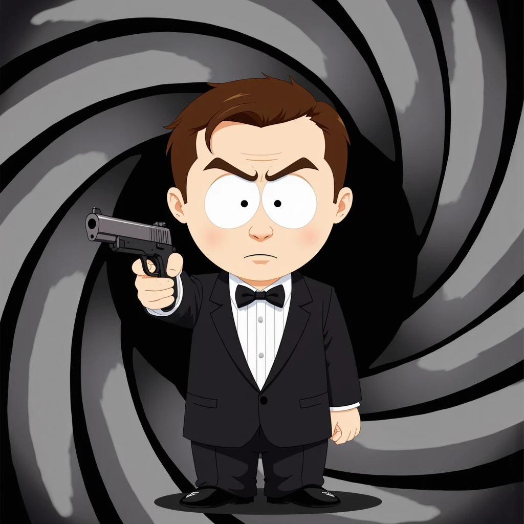 A mysterious South Park-style secret agent stands confidently in the foreground, dressed in a sleek black tuxedo with a crisp white shirt and black bow tie, exuding a mix of humor and intensity. His exaggerated expression and intense, focused gaze, complete with small, round eyes, bring a comedic edge to the James Bond-inspired role, as he aims a cartoonish gun directly at the viewer. The background features the classic 007 gun barrel design, with swirling grooves and metallic grey edges highlighted by subtle reflections, drawing the viewer’s eye toward the agent in the center. This classic opening sequence backdrop is reimagined with South Park’s minimalistic twist, adding a playful yet dramatic feel.

	The color palette is bold, flat, and vibrant, echoing the simplicity and iconic style of South Park’s animation. Dramatic shadows enhance the character’s pose and add intensity to the scene, contrasting humor with tension. The character’s flat features and cartoonish design keep the South Park aesthetic intact, while his confident stance and tuxedo nod to the elegance of James Bond. The composition merges parody and homage, capturing the essence of both South Park’s satirical humor and the legendary Bond style, creating a humorous, engaging image that feels fresh yet familiar | South Park meets James Bond | dramatic gun barrel background | bold, flat colors | stylized humor with iconic elegance.