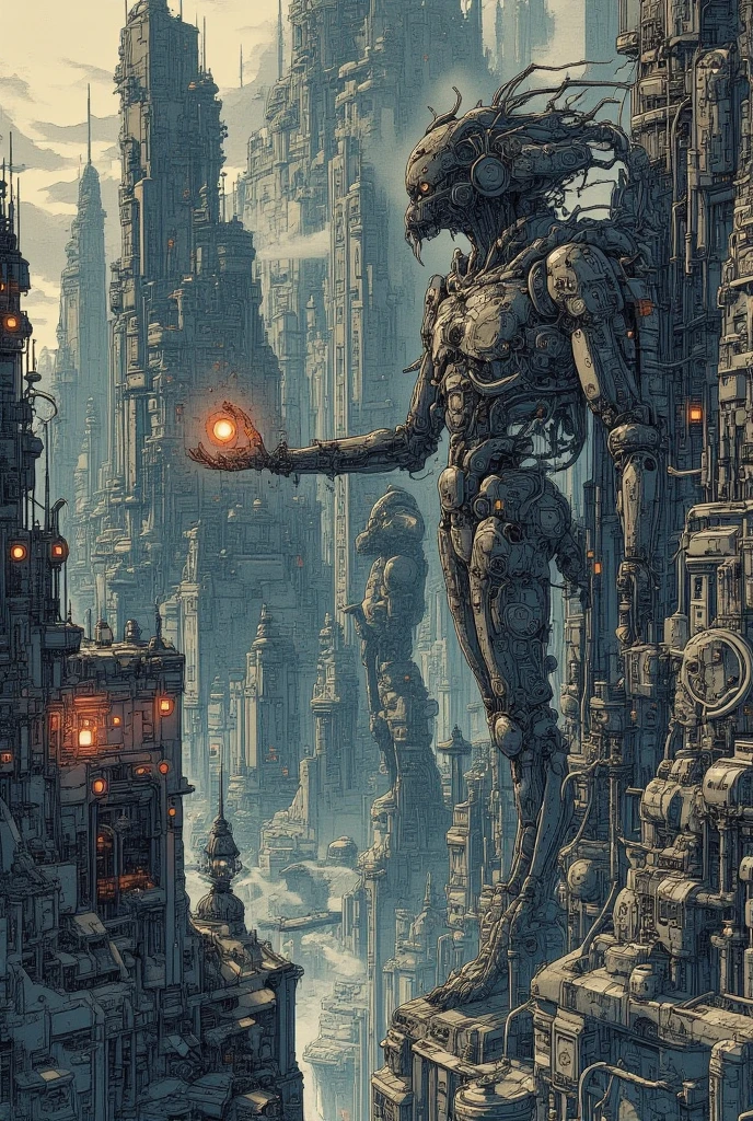  Aerial view of a city with huge buildings and giant alien statues, beksinski and  Dan Mumford ,  グレッグ・Beeple , ( ( ( ( (  Dan Mumford  ) ) ) ) ),  BeepleとJean Girard , josan gonzales and  Dan Mumford ,  Paul Rea 、Beeple ,  Sci-fi horror art  