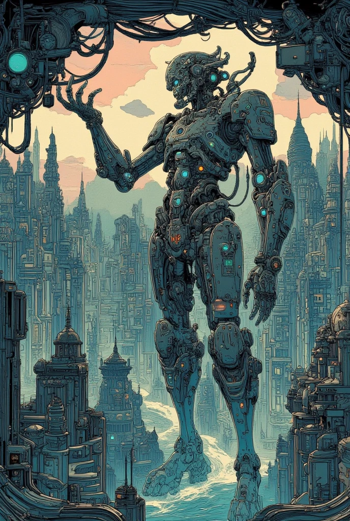  Aerial view of a city with huge buildings and giant alien statues, beksinski and  Dan Mumford ,  グレッグ・Beeple , ( ( ( ( (  Dan Mumford  ) ) ) ) ),  BeepleとJean Girard , josan gonzales and  Dan Mumford ,  Paul Rea 、Beeple ,  Sci-fi horror art  