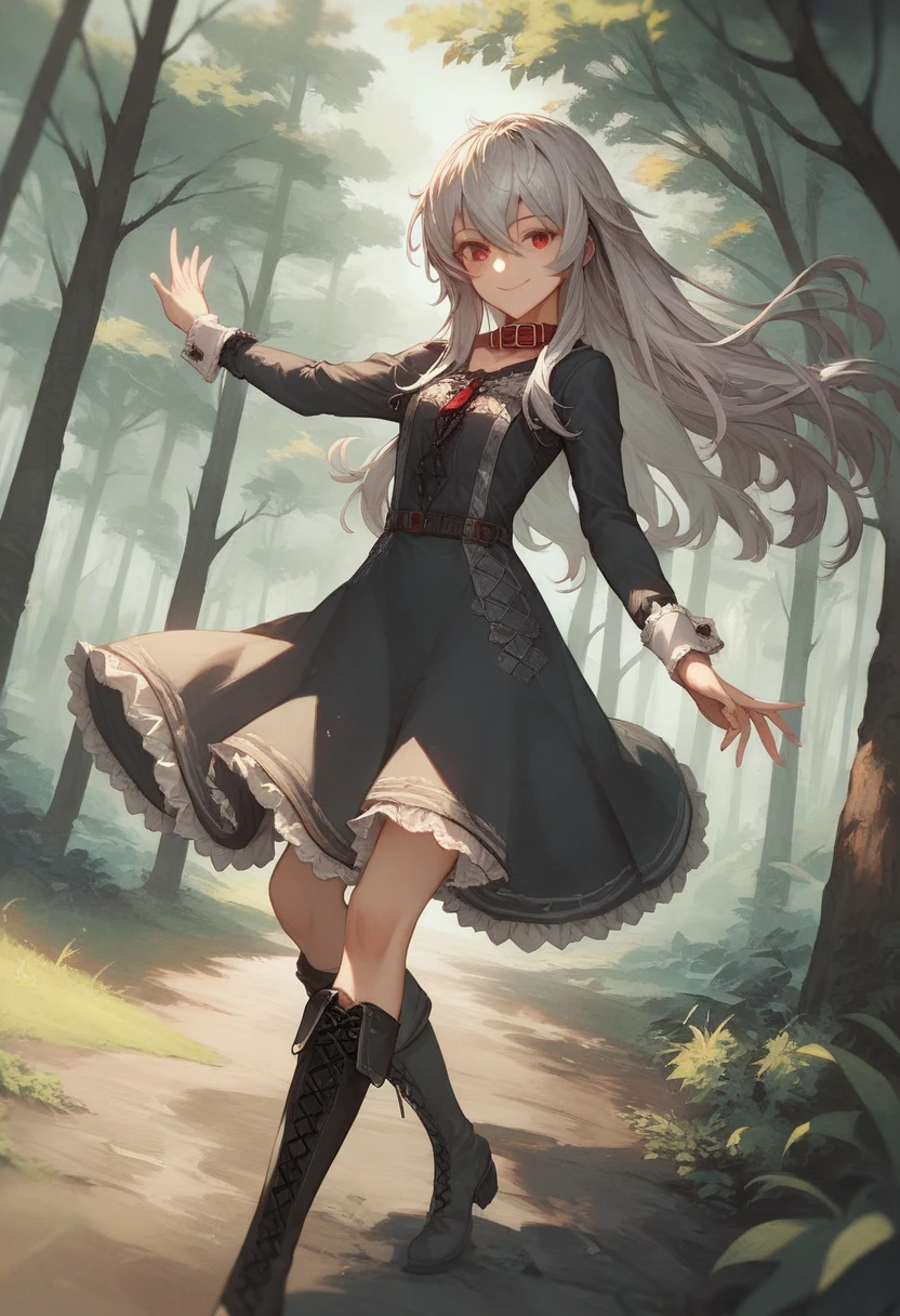 score_9, score_8_up, score_7_up, source_anime, nano eiai, long hair, bangs, hair between eyes, red eyes, grey hair, ,dress,long sleeves, wrist cuffs,collar,boots, outdoors, forest, nature, looking at viewer, cowboy shot, dutch angle, dynamic pose, smile