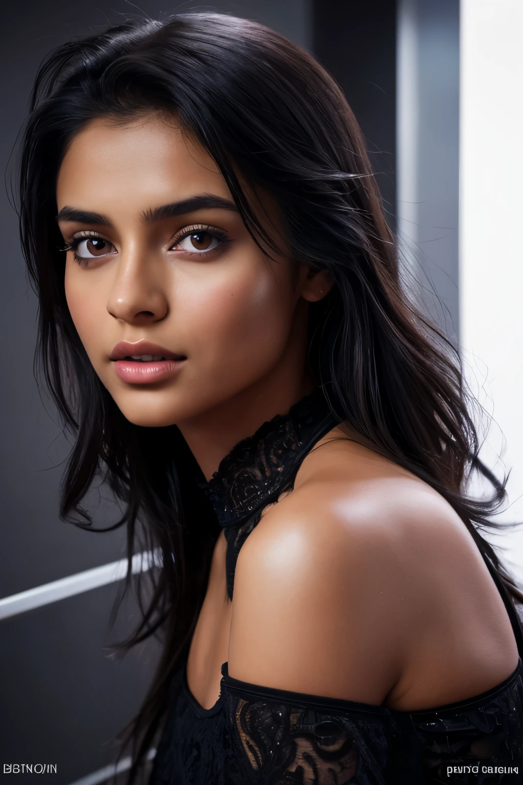 Indian Supermodel, sexy ,  portrait, looks straight, very good face lighting, studio light, split,  oily skin, cold look, Large model, сексуальный expression, luxury makeup, ultra textured leather, big beautiful eyes, beautiful breasts, black hair, 8 K, cinematic, mixture of Anna Gurieva and Deepika Padukone faces