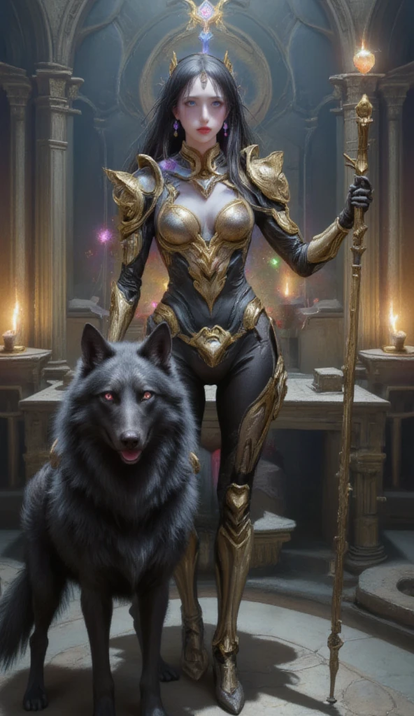 Warframe, a majestic and enigmatic figure, stands tall amidst the mystical grandeur of a Gothic-inspired cathedral. Clad in an intricately designed suit of silver armor, adorned with golden filigree and precious gemstones, she exudes an aura of regal authority. Her long, raven-black hair flows behind her like a dark waterfall, as she holds aloft a gleaming staff, its tip adorned with an ornate, gemstone-studded finial.

By her side stands a sleek and powerful black wolf, its eyes gleaming with loyalty and devotion. The Warframe's gaze, piercing and determined, seems to hold a deep connection with the animal, as if they share a bond forged in the fires of destiny.

The atmosphere is shrouded in an ethereal mist, casting an otherworldly glow over the scene. Flickering torches and soft, luminescent orbs suspended from the vaulted ceiling above cast an eerie light, illuminating the Warframe's stately presence and the wolf's noble countenance.

As the Warframe stands vigilant, her armor seems to shimmer and rustle, as if the very fabric of reality is being woven and unwoven around her. The wolf, sensing its mistress's power, stands steadfast, its tongue lolling from its mouth in a gesture of trust and loyalty. Together, they form an unbreakable bond, a testament to the unyielding spirit of a warrior-maiden and her loyal companion.