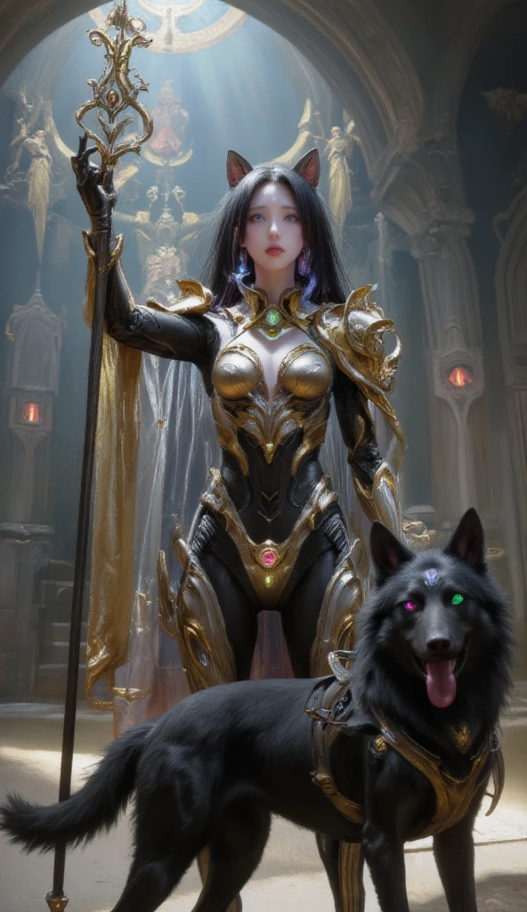 Warframe, a majestic and enigmatic figure, stands tall amidst the mystical grandeur of a Gothic-inspired cathedral. Clad in an intricately designed suit of silver armor, adorned with golden filigree and precious gemstones, she exudes an aura of regal authority. Her long, raven-black hair flows behind her like a dark waterfall, as she holds aloft a gleaming staff, its tip adorned with an ornate, gemstone-studded finial.

By her side stands a sleek and powerful black wolf, its eyes gleaming with loyalty and devotion. The Warframe's gaze, piercing and determined, seems to hold a deep connection with the animal, as if they share a bond forged in the fires of destiny.

The atmosphere is shrouded in an ethereal mist, casting an otherworldly glow over the scene. Flickering torches and soft, luminescent orbs suspended from the vaulted ceiling above cast an eerie light, illuminating the Warframe's stately presence and the wolf's noble countenance.

As the Warframe stands vigilant, her armor seems to shimmer and rustle, as if the very fabric of reality is being woven and unwoven around her. The wolf, sensing its mistress's power, stands steadfast, its tongue lolling from its mouth in a gesture of trust and loyalty. Together, they form an unbreakable bond, a testament to the unyielding spirit of a warrior-maiden and her loyal companion.