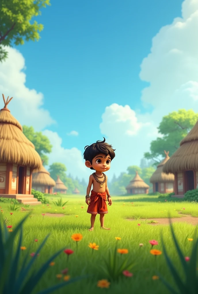 In the village, young boy and paddy field with cow and boy wearing gancha 