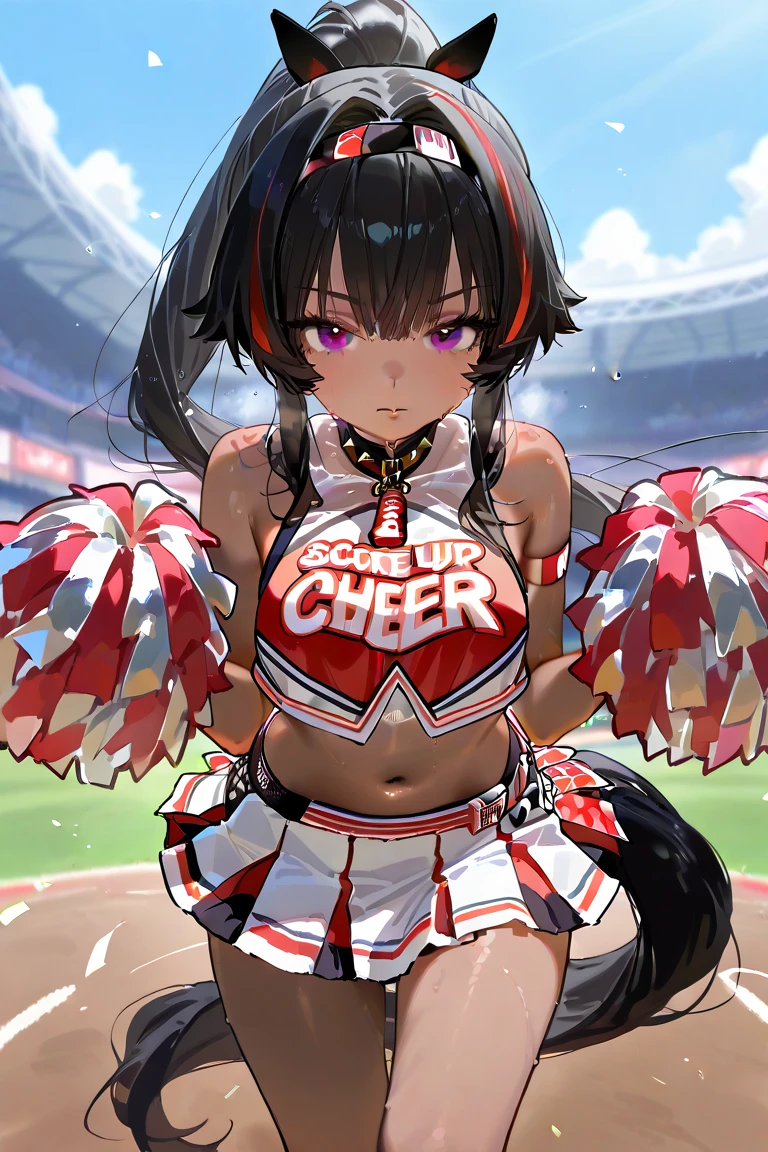 bay (nikke), dark skin, cheerleader, long hair, black hair, red stripe hair, pony tail