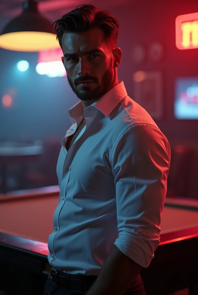 1 daddy lad, solo touching , muscular male, daddy 37yo, macho, large hairy pectorals, male focus, middle-aged man, seductive face, black hair, short hair, a strand of hair on forehead, blue eyes,looking nasty and smiling, slin waist, down view of chest, oppening his white formal shirt, upper body shot, night neon pub.