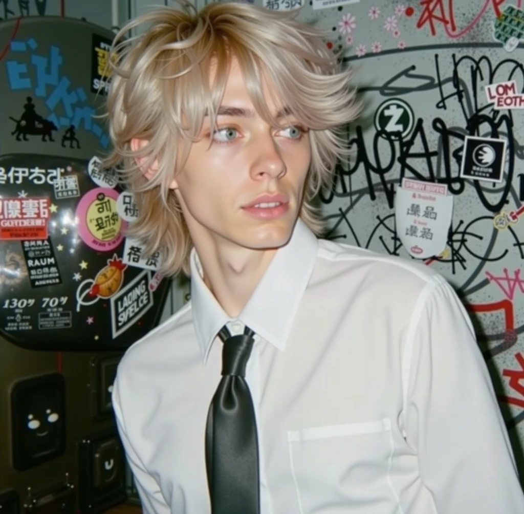 Man with blonde hair wearing a black tie and white shirt. Delicate look. Blue eyes and light freckles. Silver nose piercing.