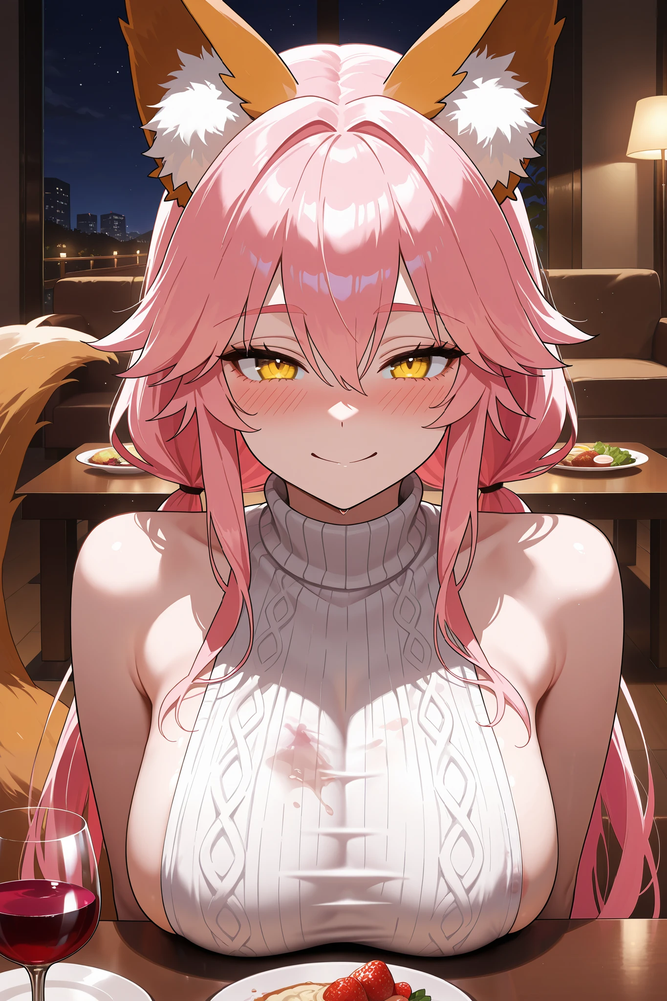 NSFW,masterpiece, top quality, high definition, very detailed,Tamamo、 pink hair、 hair between eyes 、 side lock、 short twin tail 、 yellow eyes、 Beast Ears、Fox Ears、 Fox Tail ,Married Woman, turtleneck sweater, sleeveless,Sideboob,Living room at night, DINING TABLE, flip through clothes,Alcohol,wine, drunk,blush