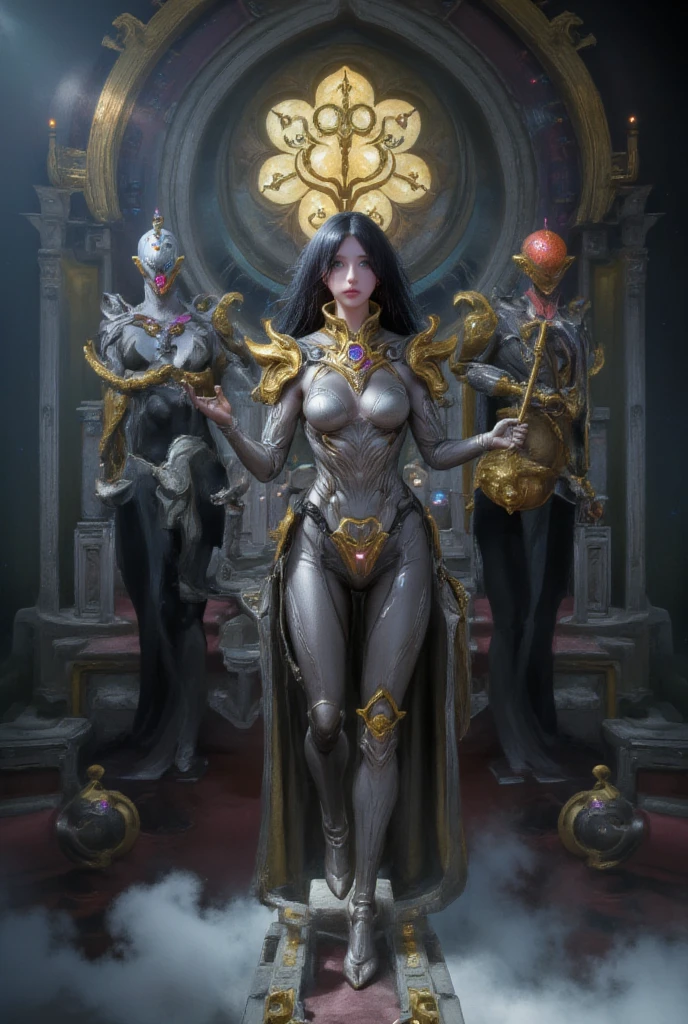 Warframe, a majestic and enigmatic figure, stands tall amidst the mystical grandeur of a Gothic-inspired cathedral. Clad in an intricately designed suit of silver armor, adorned with golden filigree and precious gemstones, she exudes an aura of regal authority. Her long, raven-black hair flows behind her like a dark waterfall, as she holds aloft a gleaming staff, its tip adorned with an ornate, gemstone-studded finial.

By her side stands a sleek and powerful black wolf, its eyes gleaming with loyalty and devotion. The Warframe's gaze, piercing and determined, seems to hold a deep connection with the animal, as if they share a bond forged in the fires of destiny.

The atmosphere is shrouded in an ethereal mist, casting an otherworldly glow over the scene. Flickering torches and soft, luminescent orbs suspended from the vaulted ceiling above cast an eerie light, illuminating the Warframe's stately presence and the wolf's noble countenance.

As the Warframe stands vigilant, her armor seems to shimmer and rustle, as if the very fabric of reality is being woven and unwoven around her. The wolf, sensing its mistress's power, stands steadfast, its tongue lolling from its mouth in a gesture of trust and loyalty. Together, they form an unbreakable bond, a testament to the unyielding spirit of a warrior-maiden and her loyal companion.