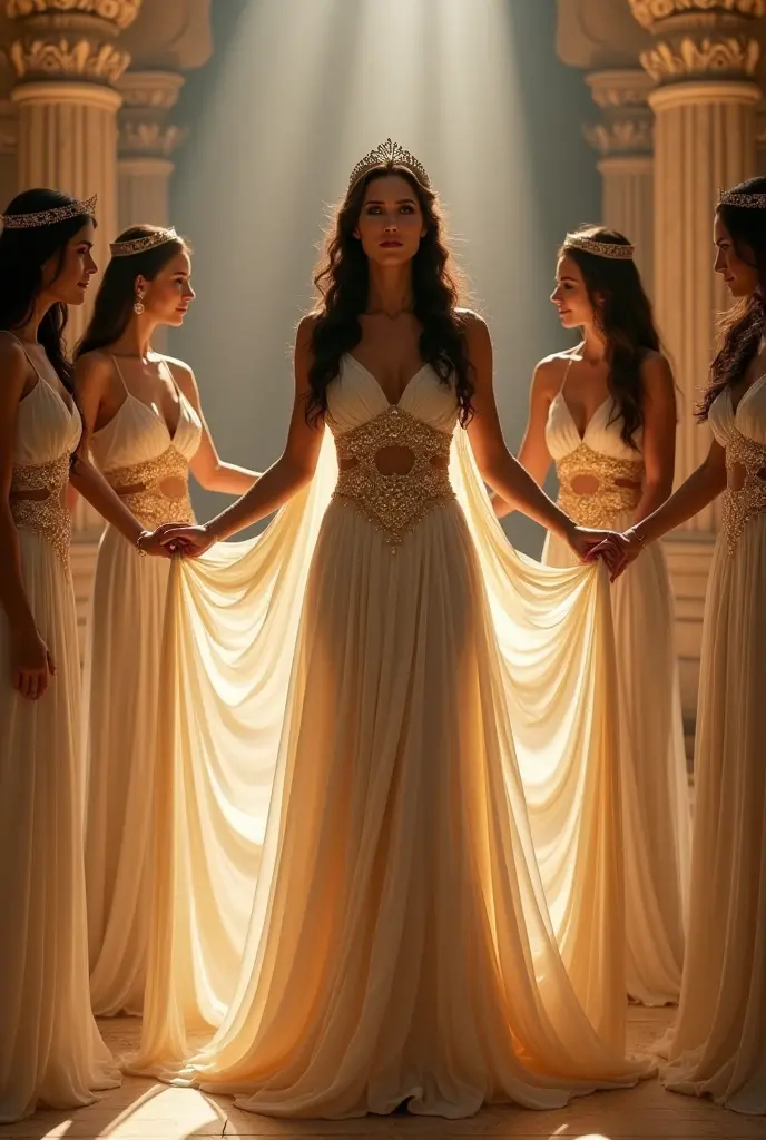 A regal scene featuring a central female figure surrounded by four attendants, all dressed in elegant, ancient-style gowns. The main figure wears a flowing, cream-colored dress with intricate gold accents and cutouts at the waist, highlighting her figure. A golden tiara rests on her head, complementing her dark, loosely styled hair. Her attendants, who also wear similar cream and gold dresses, are holding up the flowing fabric of her gown, assisting her as she stands in the center. The background is an ornate, ancient interior with warm lighting,