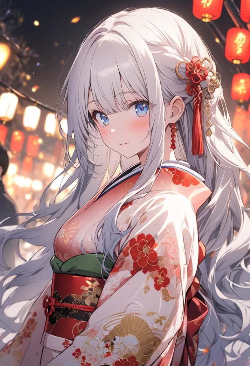 Highest quality、Masterpiece、Super detailed、8k、4K、1 girl、Gray Hair、Fluffy, soft, loosely curled long hair、Golden Eyes、White kimono with crane pattern、Lace cape、White and gold ribbon hair accessory、Cherry Blossoms at Night、moonlight、Cleavage、smile、Embarrassed expression、Big Tits、Cherry blossom field