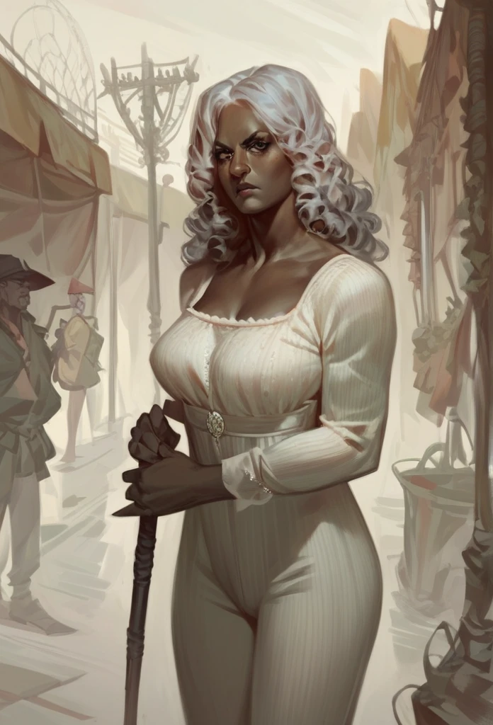 elderly.  dark skin. thin.  long hair pants.  gray hair . curly. Wearing long beige dress. Standing on the street .  Serious expression. holding a cane 