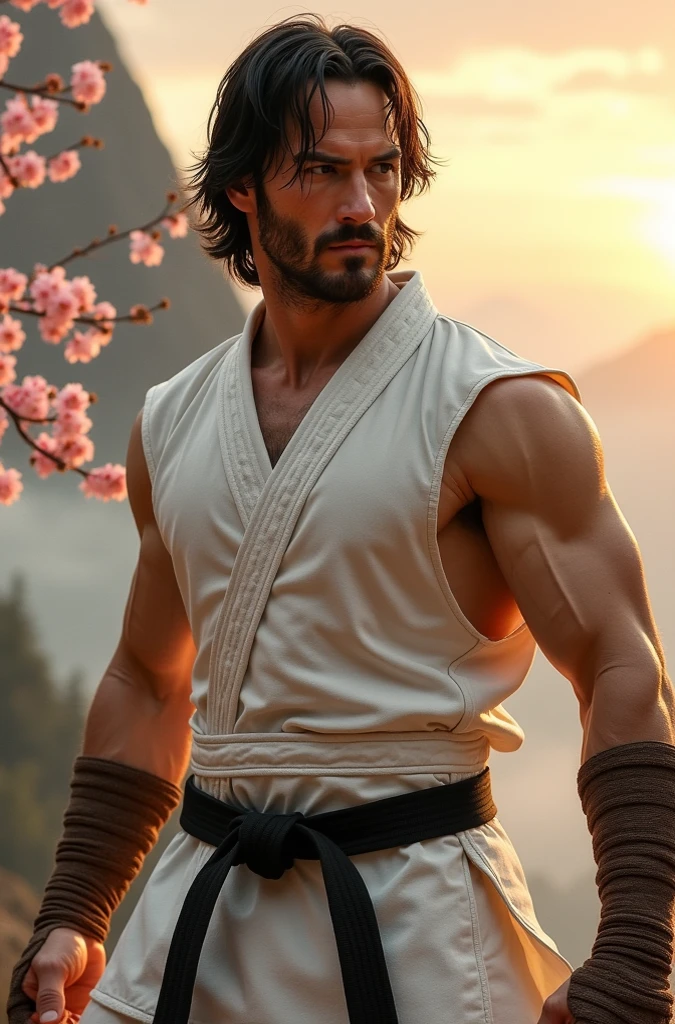 An ultra-realistic image of Keanu Reeves, playing a muscular martial artist in a powerful and confident stance. The character has a strong chin, piercing eyes and is dressed in a traditional white karate gi with a BLACK belt. His black hair is slightly tousled. His hands are wrapped in BROWN bandages, showing years of training and battle scars. Behind him, a misty mountainous landscape with cherry blossoms floating in the air, emphasizing his discipline and connection with nature. The lighting is dynamic, with a warm sunset casting dramatic shadows across his chiseled physique. The atmosphere conveys strength, honor and determination.