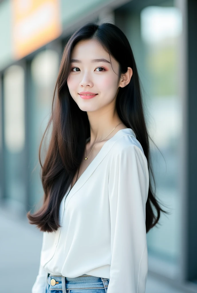 Urban Innocence: Candid portrait of a girl in a white dress and long hair, her gaze locking onto the lens with an innocent and genuine smile, blending seamlessly with the cityscape.
