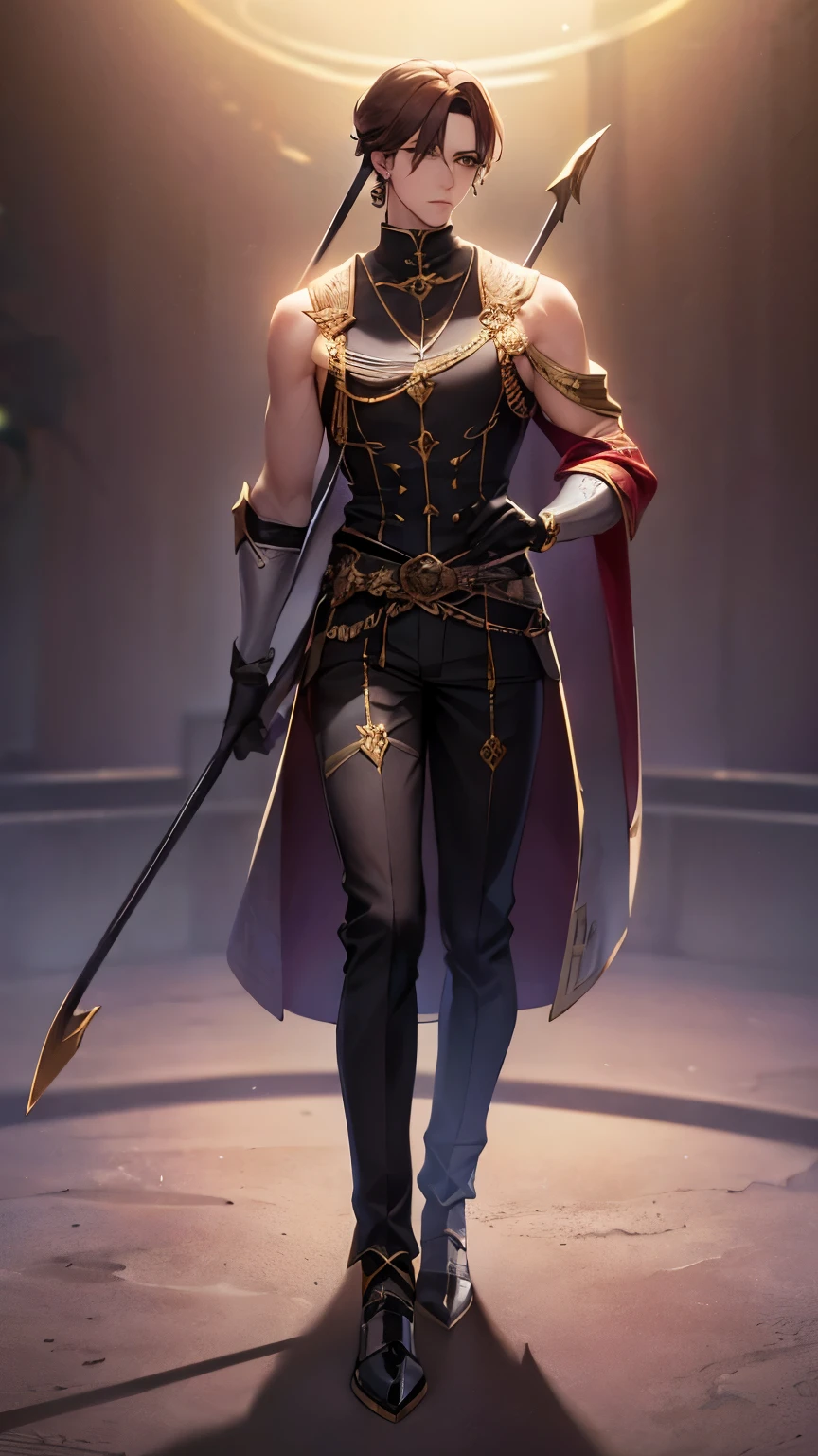 MALE CHARACTER. masterpiece, best quality, (Extremely detailed 8k unity CG wallpaper), (best illustration), (best shadow), Realistic lighting, beautiful detailed glow, ((21 years old)), boy, pale ginger hair, purple jewel accessories, heavy inspired by greeks accessories design and clothes, wearing sleeveless black turtleneck, an archer boy, handsome, very handsome, wearing earrings, Purple dawn eyes, full body. deep purple with hint of orange jewelry, royal archer looks. outfit color is mix black, yellow gold, and purple, calm expression. holding bow. BOY. A MAN