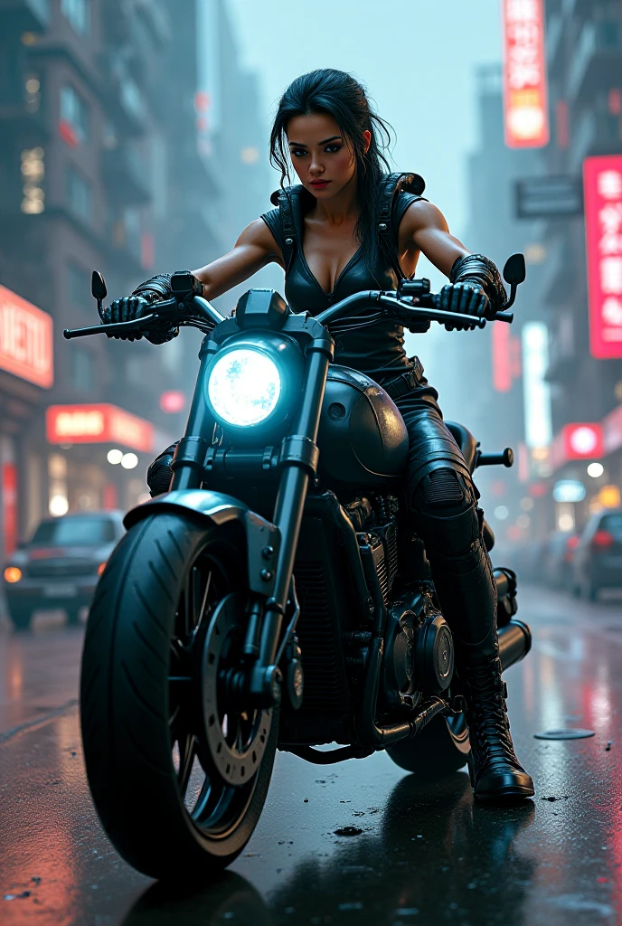 put on sunglasses,there is a terminator woman riding a motorcycle on a city street, badass anime 8 k, daniel maidman octane rendering, sitting on cyberpunk motorbike, unreal engine 4k wallpaper, octane. trending on artstation, motorcycle concept art, concept art octane render, octane cgsociety, unreal engine', 3 d octane render conceptart, james gurney cinematic lighting, beautiful and cinematic lighting