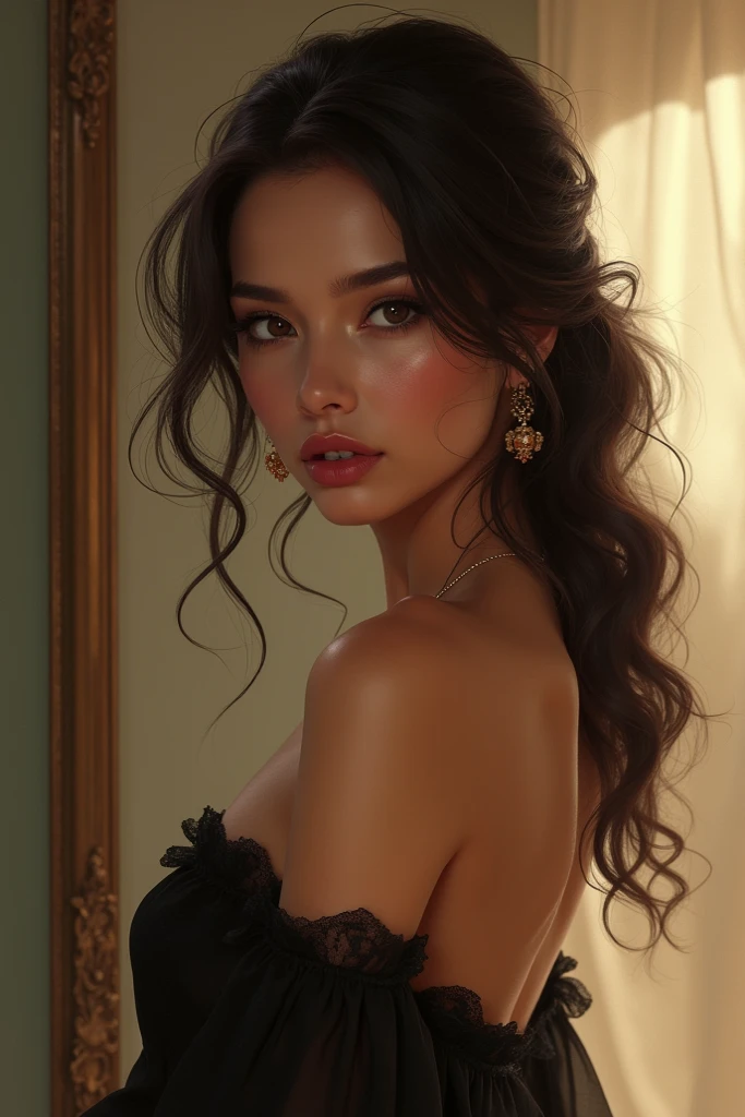 a woman in a black dress sitting on a couch with a vase of flowers, gorgeous young woman, beautiful woman, beautiful young american woman, beautiful american girl, american girl, popular south korean makeup High resolution, high quality, 4k, details, by Madison Beer, Ana de Armas, Madison Beer, By Ana de Armas