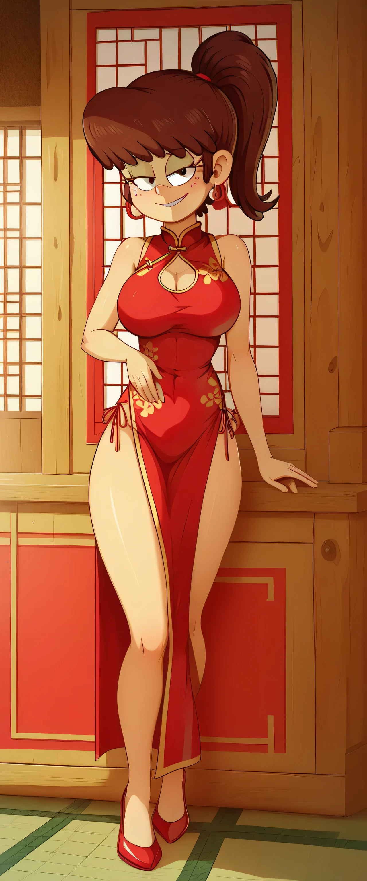 safe_pos, score_9, score_8_up, score_7_up BREAK Lynn Loud, brown hair, ponytail, the loud house, BREAK large breasts, BREAK looking at you, red cheongsam, inside of a chinese temple, full body view, standing