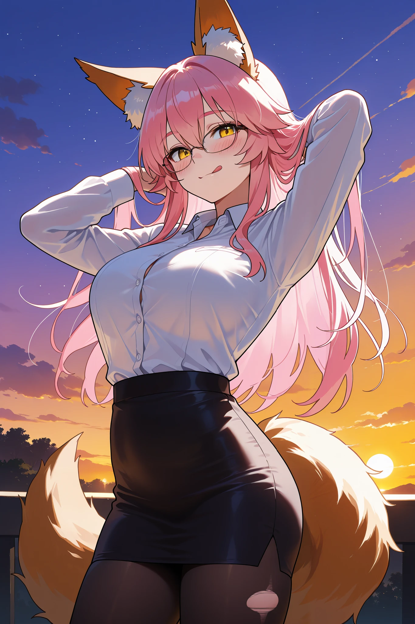NSFW,masterpiece, top quality, high definition, very detailed,Tamamo、 pink hair、 hair between eyes 、 side lock、 short twin tail 、 yellow eyes、 Beast Ears、Fox Ears、 Fox Tail , dress shirt, pencil skirt, pantyhose,Glasses,teacher, bewitching smile,blush, Burnt Body ,evening,sunset, sexy pose,Licking one's lips, skirts