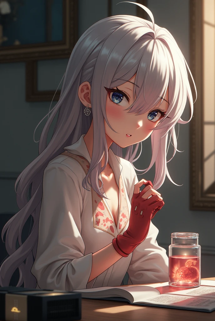 (Highest quality, masterpiece:1.2), High resolution, Very detailed, Realistic:1.37, Fantasy, An illustration, Hair is whiteいです、Red eyes、Queen, White Dress.Platinum decoration、beautifully、Eyeshadow Red、Thick eyebrows、Long eyelashes、pupils are black、Hair is whiteい、Kissing Face、Embarrassing、loved、ponytail、Hair is white、(Cocktail Glass)、(A kind smile)