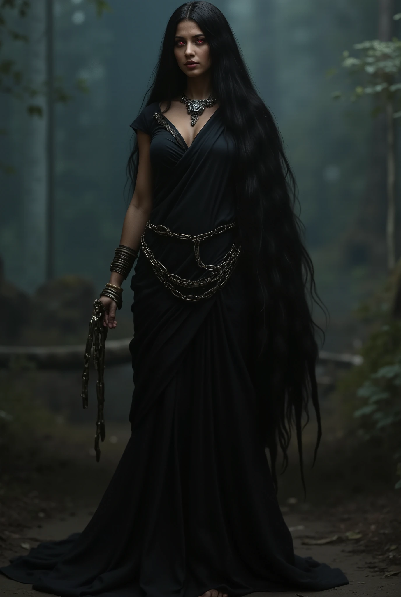 portraying a Imaginary  Ancient, Wild, evil Witch of India, black saree clothes, full body, Poland in the background, Shackles, supernatural, eyes glowing, red and white glowing, magic, ultra detailed, long black hair,dark fantasy photorealistic,8k ultra hd hiperealistic photograph. 