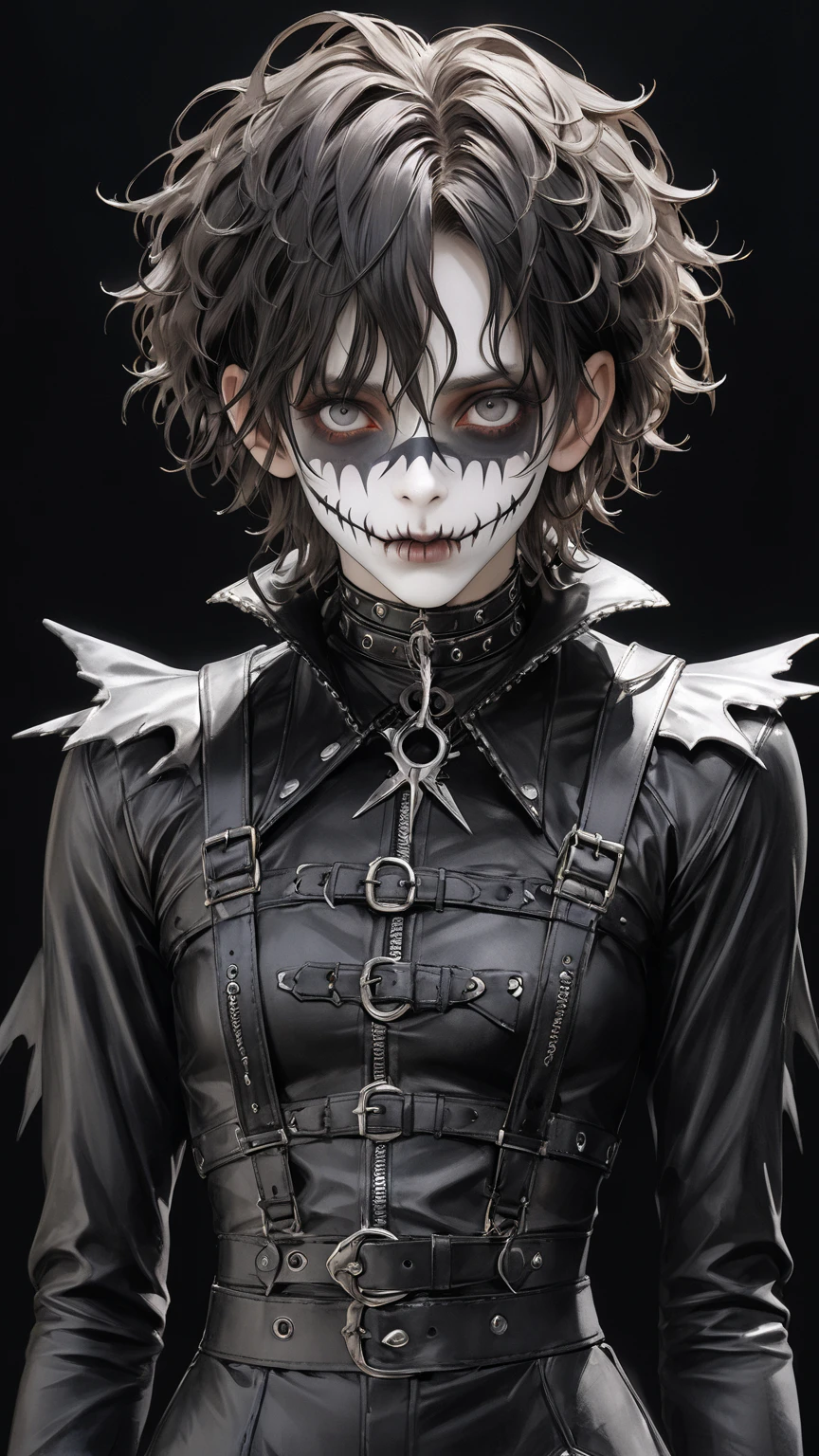 high res , masterpiece, Accurate,  top quality,  high res model,  high detail, Anatomically Accurate, Norman Rockwell & Tim Burton styl、Watercolor touch、 Edward Scissorhands、black leather costume、Skinny, fair-skinned man、Alone,  dark background 、 fantasy、 horror、 darkness、Gothic、 face paint 、