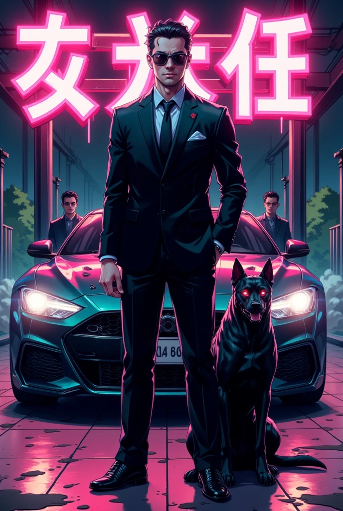 ((Masterpiece)), ((ultra-detailed, anime art style, 8k quality, psycho death acid color palette)) — A 1man, solo, “FluxPiva Mafia Boss” in a sleek black suit, standing confidently next to a fierce black dog with glowing red eyes. In the background, a shiny luxury car is parked, with Japanese letters glowing in neon above, representing power and status. The Mafia family stands in the shadows behind him, subtly implied through their presence. The color palette is intense, using psycho death acid tones, with vibrant splashes of neon pinks, greens, and purples. The atmosphere is menacing yet stylish, capturing the essence of power, family, and control in an anime aesthetic. (Mafia boss, Japanese letters, luxury car, black dog, anime art, psycho death acid color palette).