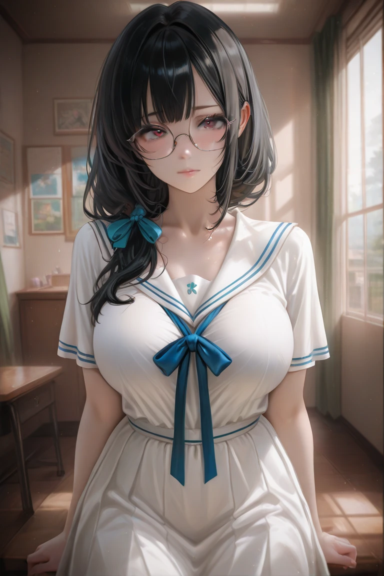 The character has long black hair, big breasts, wears glasses, and she wears an anime-style Japanese school dress.