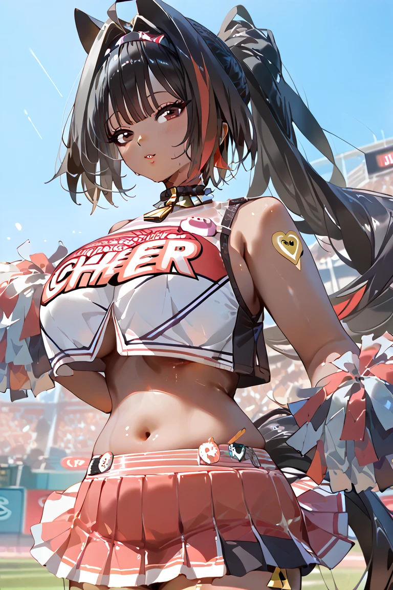 bay (nikke), 1 girl,  dark skin, cheerleader, long hair, black hair, red stripe hair, pony tail, mature, curverous body, large breast, master piece, very detailed