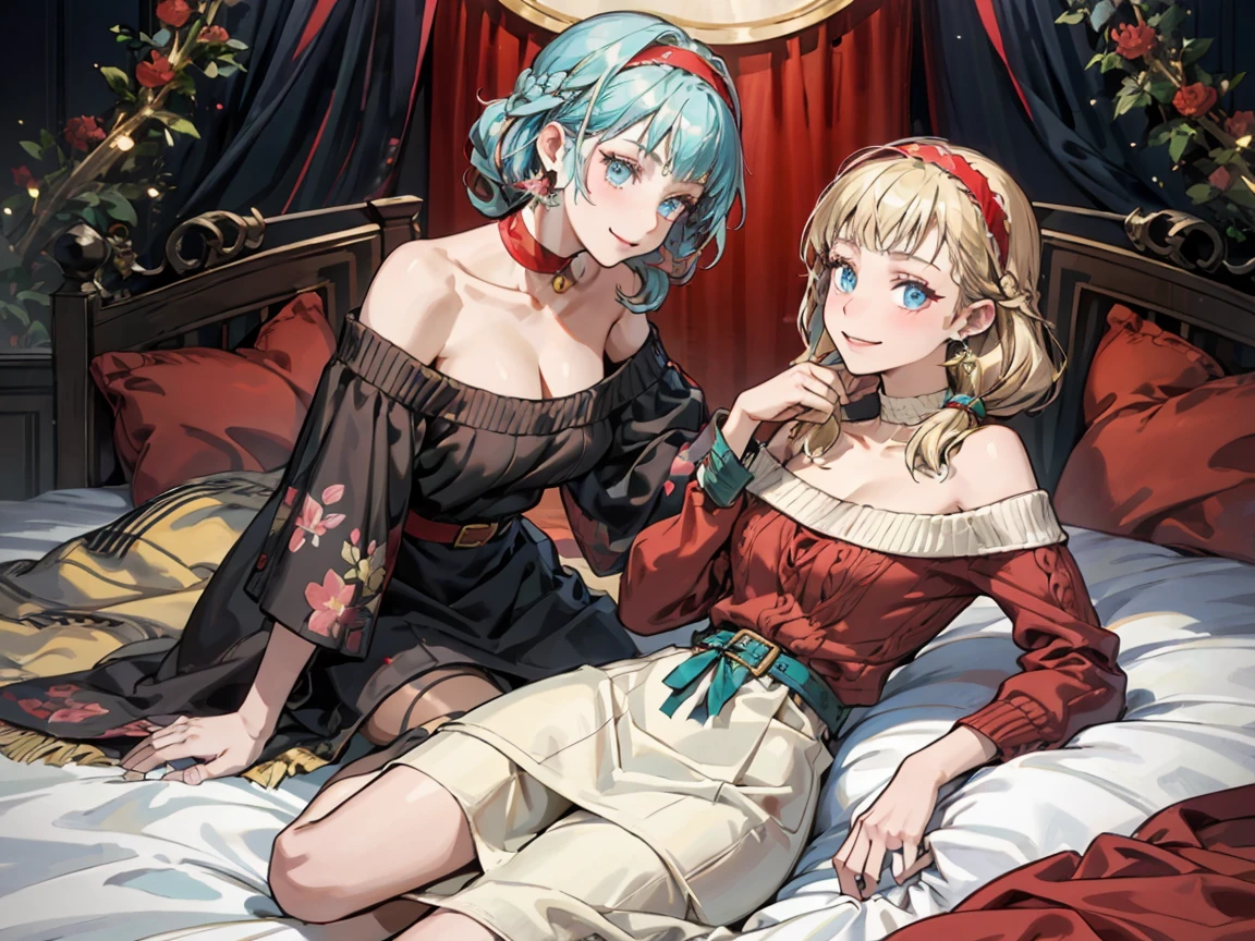 Girl with gray hair and red eyes、Blonde and red-eyed girl、a smile、sexy dress、Surrounded by roses、Sitting on the sofa