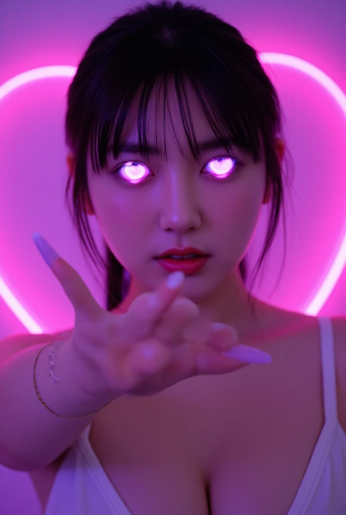  heart-shaped, pink glowing eyes 、Korean、Mysterious purple eyes、Purple glowing eyes、Show off your hands 、long fingers 、Long nails、Purple Nails、Long Nails、hypnotizing background 、 heart-shaped neon light background 、 heart-shaped background that gradually grows from the inside out