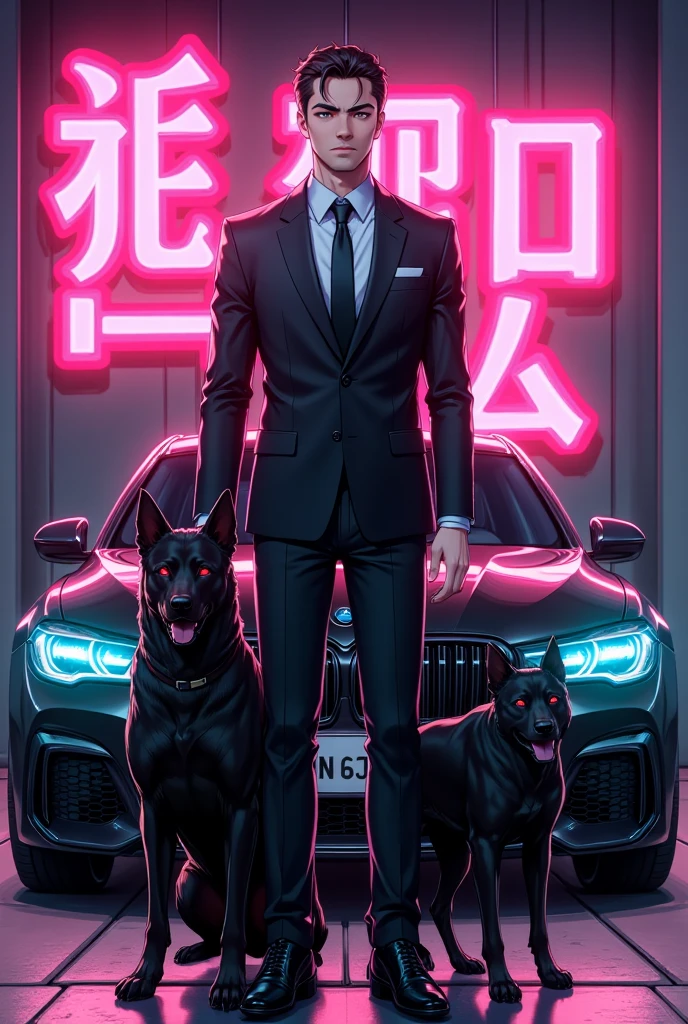 ((Masterpiece:1.2)), (ultra-detailed:1.3), (anime art style:1.3), (psycho death acid color palette:1.4), (8k quality:1.5) — A **1man, solo**, titled “**FluxPiva Mafia Boss (1.4)**,” dressed in a **sleek black suit (1.3)**, exuding confidence and authority. Beside him stands a **fierce black dog (1.4)** with **glowing red eyes (1.5)**, embodying loyalty and menace.  

In the background, a **shiny luxury car (1.3)** is parked, with **Japanese letters glowing in neon (1.5)**, symbolizing **power and status (1.4)**. The **Mafia family (1.2)** looms in the shadows behind him, their presence subtly implied, adding a mysterious and dangerous aura.  

The scene is painted with an **intense psycho death acid color palette (1.5)**, blending **vibrant neon pinks, greens, and purples (1.3)**. The atmosphere balances **menace and style (1.4)**, capturing themes of **power, loyalty, and control (1.5)** in an **exquisite anime aesthetic (1.3)**. **(Mafia boss, Japanese letters, luxury car, black dog, anime art, neon aesthetic, high detail)**.  