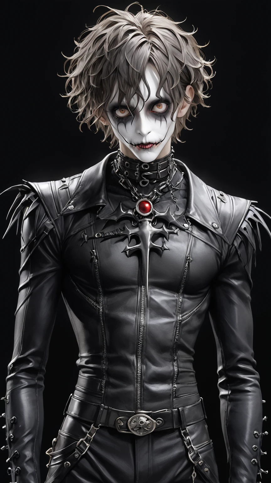 high res , masterpiece, Accurate,  top quality,  high res model,  high detail, Anatomically Accurate, Norman Rockwell & Tim Burton styl、Watercolor touch、 Edward Scissorhands、black leather costume、Skinny, fair-skinned man、Alone,  dark background 、 fantasy、 horror、 darkness、Gothic、 