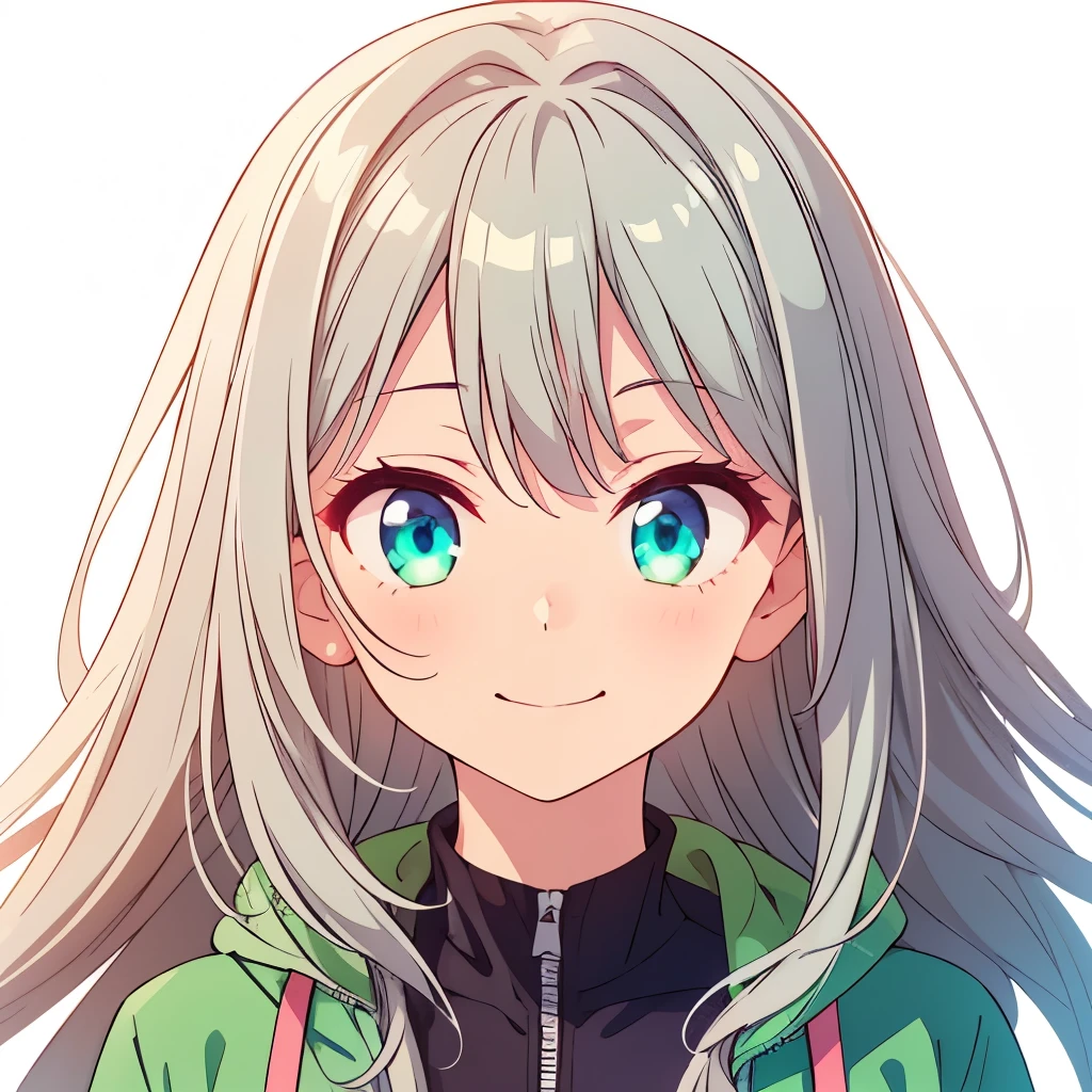 (( top quality)), ((masterpiece)), ( Details), smile, One Girl ,perfect hand, perfect eyes,Glowing Skin, Silver Hair,Inner color green,High Layer Cut, long hair, shorts , jacket, face up, face up, face upイラスト, no background ,