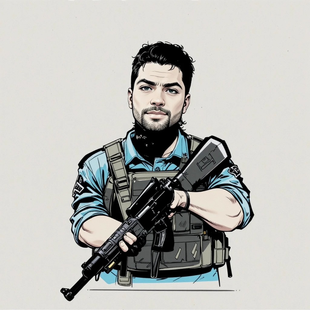 A **soldier character** wearing a **bulletproof vest with visible bullet holes**, holding a **modern assault rifle** confidently across his chest. The soldier has **short black hair and a beard**, with a **calm but determined expression**. His tactical gear includes **shoulder patches** and a **belt with additional ammunition**. The design features a **comic book style**, with bold black outlines and a minimalistic color palette of **blue, gray, and black**. The background is a **blank or lightly textured canvas**, focusing all attention on the character. The overall aesthetic blends elements of **modern tactical gear**, **comic book stylization**, and **minimalistic color choices** to emphasize the character's presence. **(soldier character, bulletproof vest, assault rifle, comic book style, blue and gray color scheme, bold outlines, tactical gear, modern military)**.